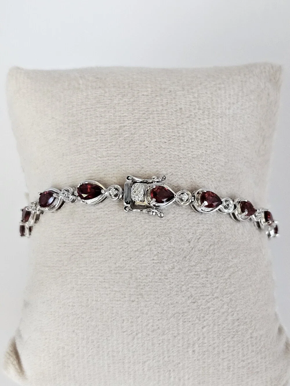 Genuine Garnet & White Zircon Tennis Bracelet Sterling Silver Rhodium 7